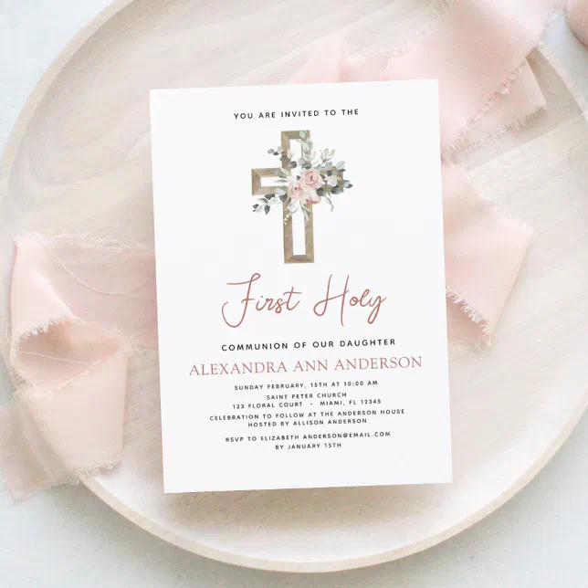 Blush Pink First Holy Communion Floral Rose Invitation | Zazzle