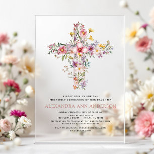 Blush Pink First Holy Communion Rose Greenery Acrylic Invitations