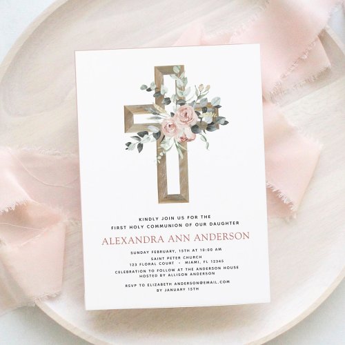 Blush Pink First Holy Communion Rose Greenery Invitation