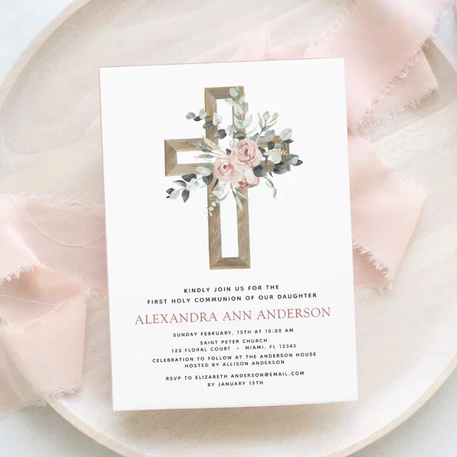 Blush Pink First Holy Communion Rose Greenery Invitation | Zazzle