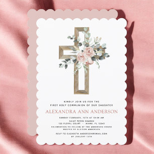 Blush Pink First Holy Communion Rose Greenery Invitation
