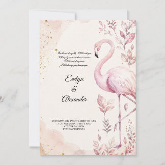 Blush Pink Flamingo Watercolor Gold Wedding Invitation