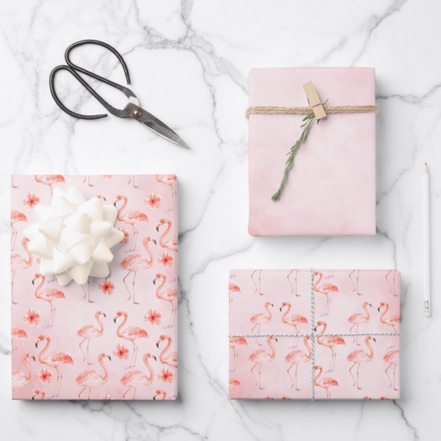 Blush Pink Flamingos Hibiscus Floral   Wrapping Paper Sheets (Front)