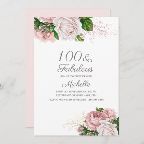 Blush Pink Floral 100 and Fabulous Birthday Invitation