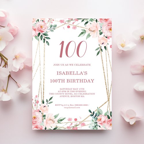 Blush Pink Floral 100th Birthday Invitation