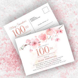 Blush Pink Floral 100th Birthday Invitation Postcard