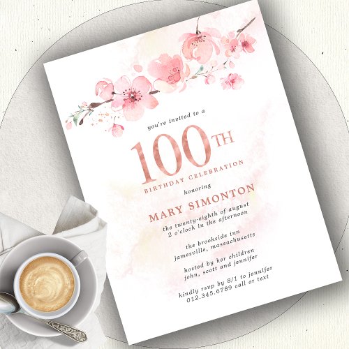Blush Pink Floral 100th Birthday Invitation Postcard