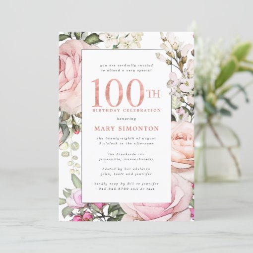 Blush Pink Floral 100th Birthday Party Invitation | Zazzle