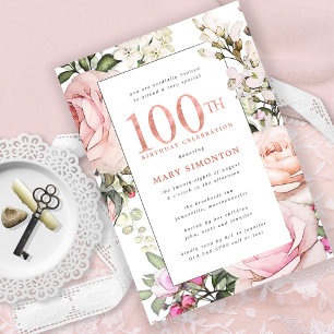 Blush Pink Floral 100th Birthday Party Invitation