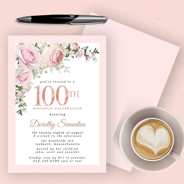 Blush Pink Floral 100th Birthday Party Invitation (Creator Uploaded)