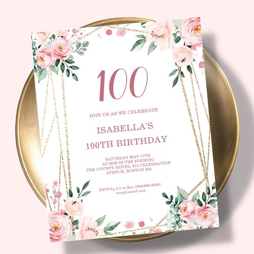 Blush Pink Floral 100th Budget Birthday Invitation