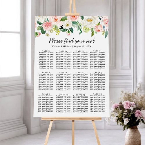 Blush Pink Floral 12 Tables Wedding Seating Chart Foam Board