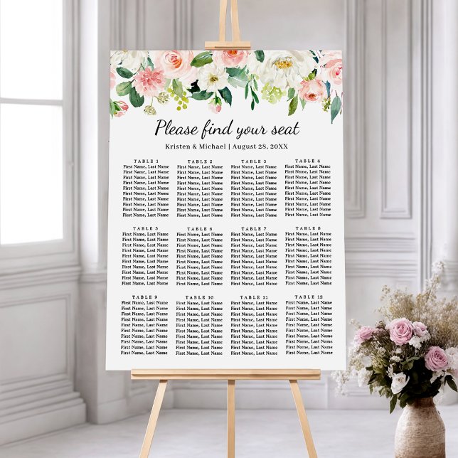 Blush Pink Floral 12 Tables Wedding Seating Chart Foam Board (Creator Uploaded)