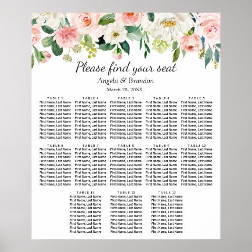 Blush Pink Floral 13 Tables Wedding Seating Chart