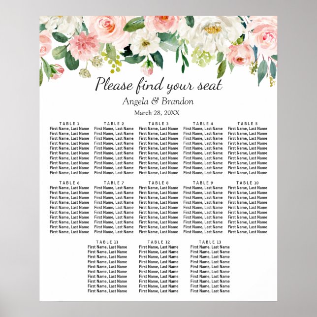 Blush Pink Floral 13 Tables Wedding Seating Chart (Front)