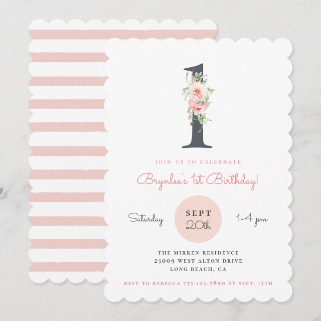 Blush Pink Floral 1st Birthday Invitation (Front/Back)
