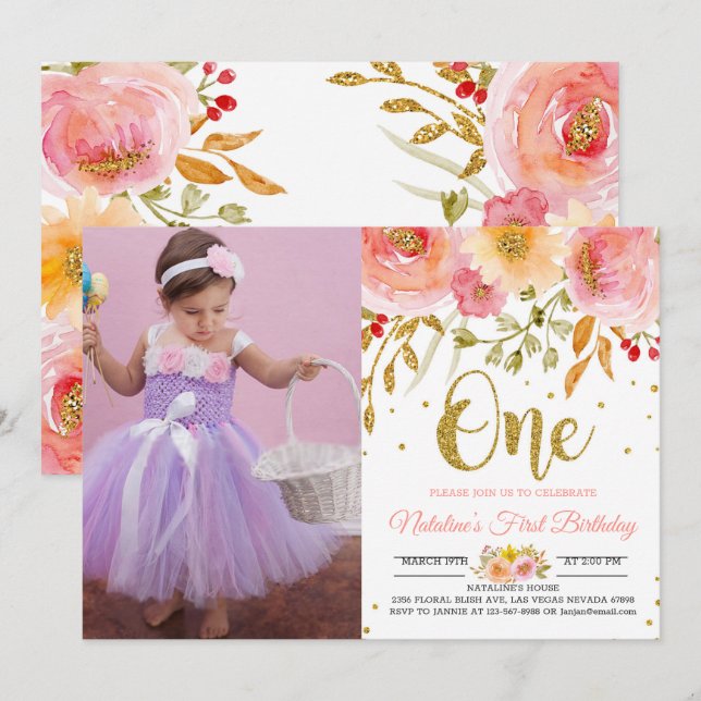 Blush pink floral 1st birthday photo invitation (Front/Back)