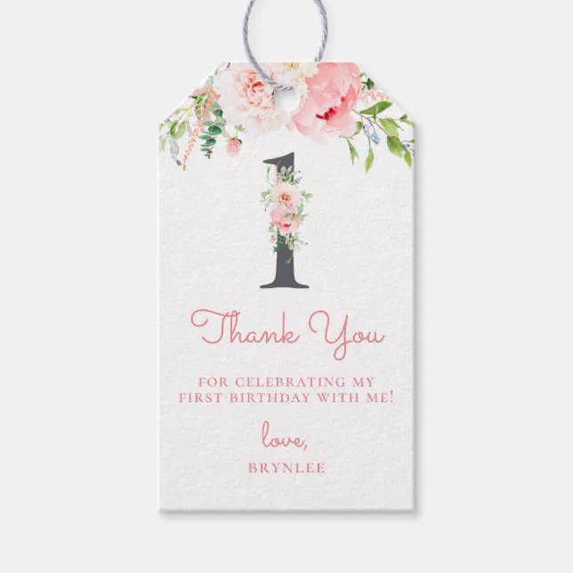 Blush Pink Floral 1st Birthday Thank You Gift Tags | Zazzle