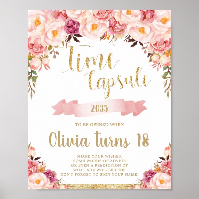 Blush Pink Floral 1st Birthday Time Capsule Sign (Front)