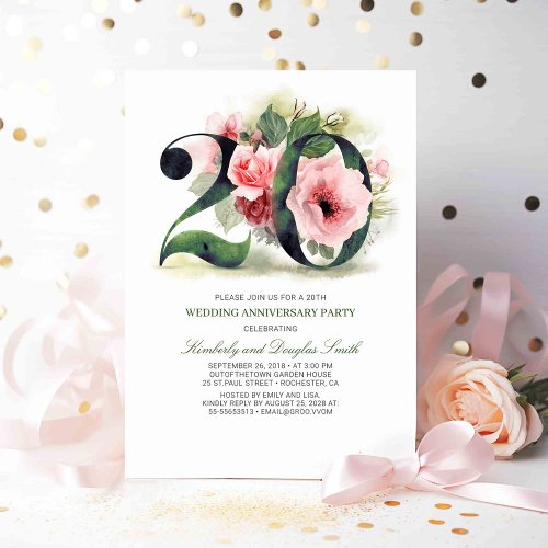 Blush Pink Floral 20th Wedding Anniversary Invitation
