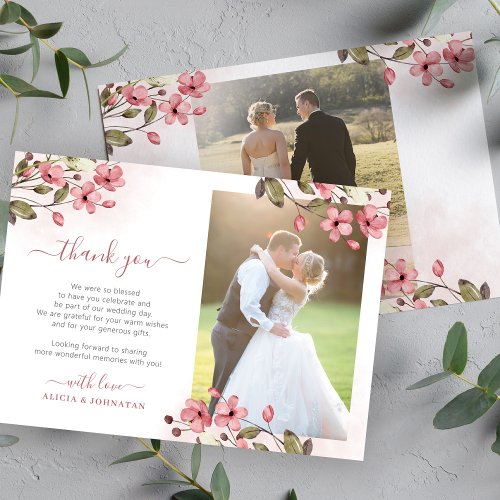 Blush pink floral 2 photos elegant script wedding thank you card