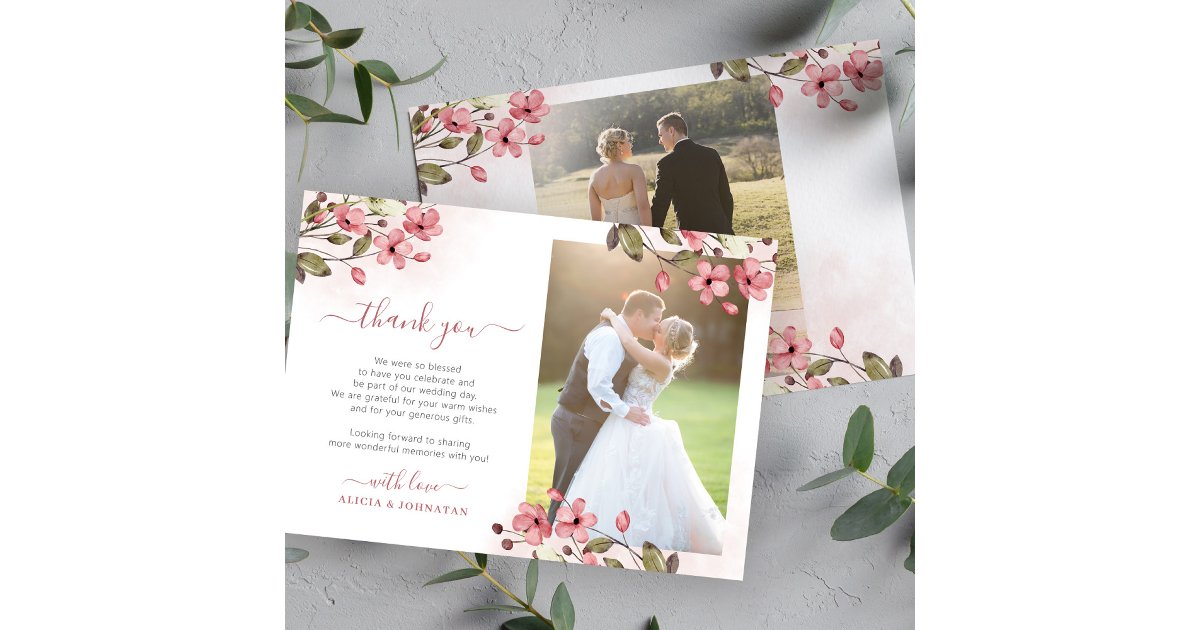 Blush pink floral 2 photos elegant script wedding thank you card | Zazzle
