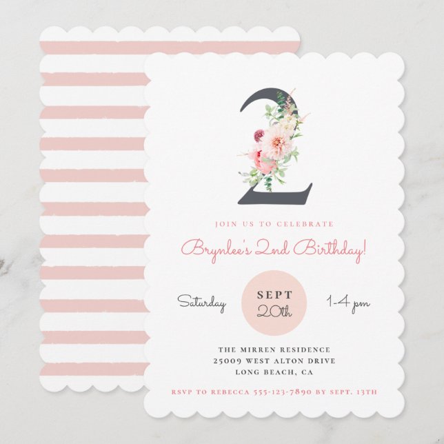 Blush Pink Floral 2nd Birthday Invitation (Front/Back)