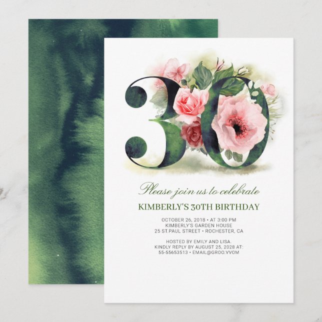 Blush Pink Floral 30th Birthday Party Invitation (Front/Back)