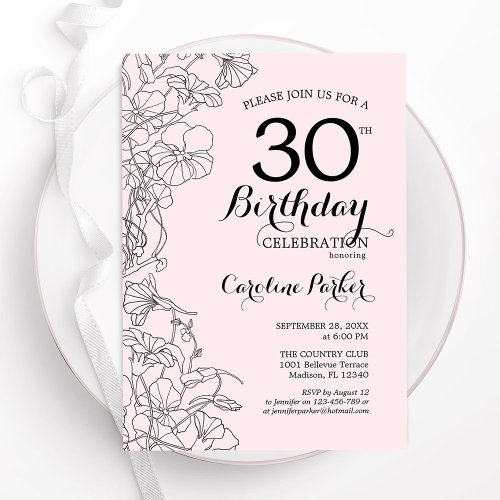 Blush Pink Floral 30th Birthday Party Invitation