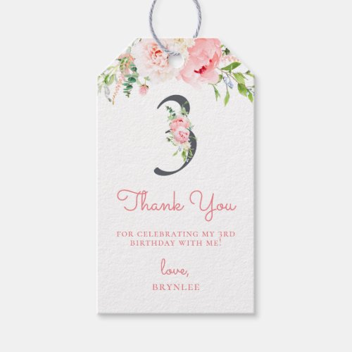 Blush Pink Floral 3rd Birthday Thank You Gift Tags