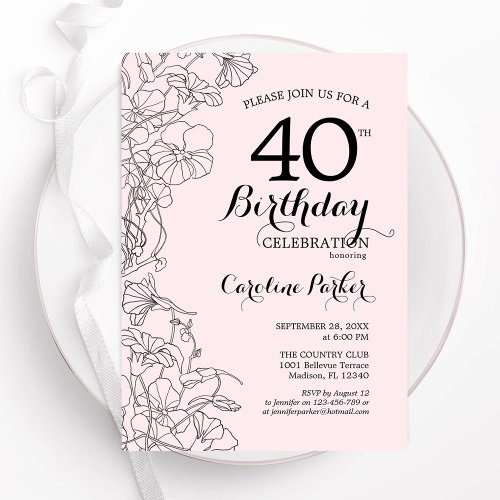 Blush Pink Floral 40th Birthday Party Invitation