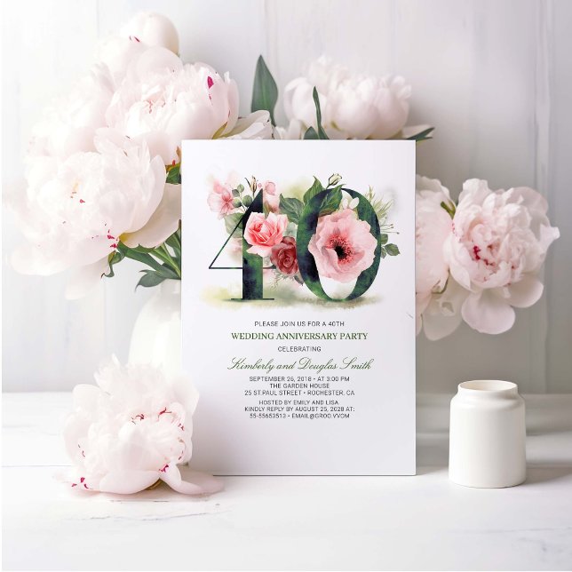 Blush Pink Floral 40th Wedding Anniversary Invitation
