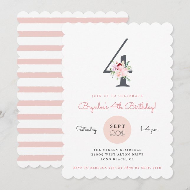 Blush Pink Floral 4th Birthday Party Invitation (Front/Back)