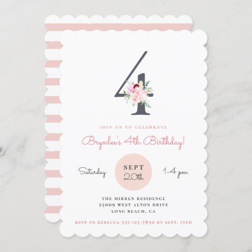 Blush Pink Floral 4th Birthday Party Invitation