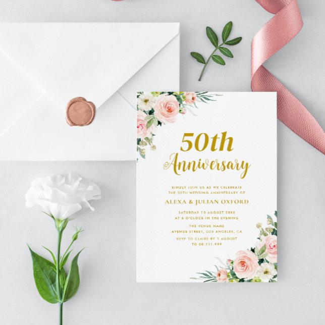 blush pink floral 50th anniversary wedding invitation (Creator Uploaded)
