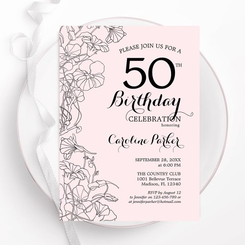 Blush Pink Floral 50th Birthday Party Invitation