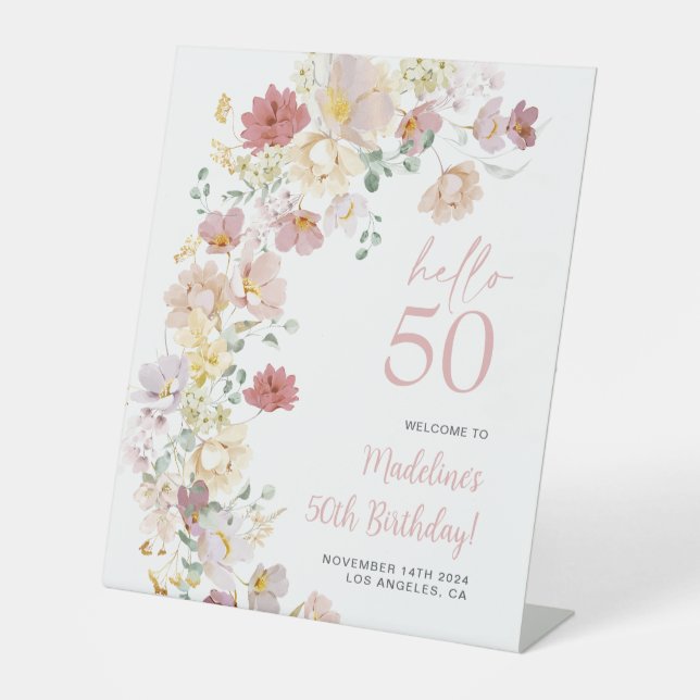 Blush Pink Floral 50th Birthday Welcome Pedestal Sign (Front)
