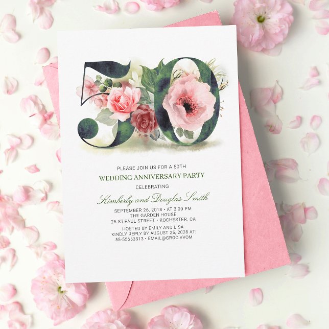 Blush Pink Floral 50th Wedding Anniversary Invitation