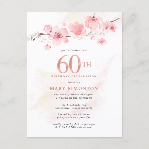 Blush Pink Floral 60th Birthday Invitation Postcard