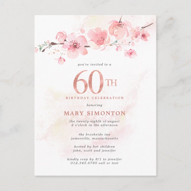Blush Pink Floral 60th Birthday Invitation Postcard (Front)