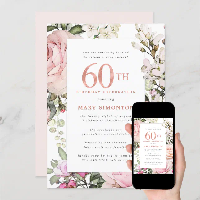 Blush Pink Floral 60th Birthday Party Invitation | Zazzle