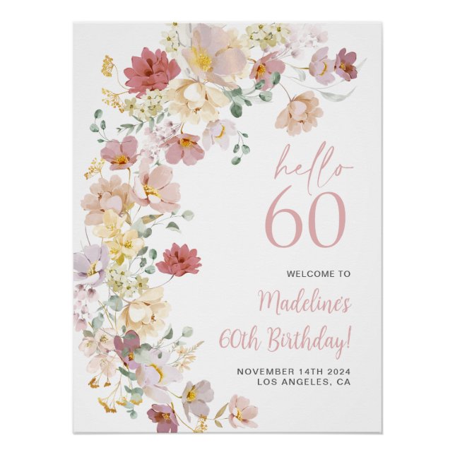 Blush Pink Floral 60th Birthday Welcome Poster (Front)