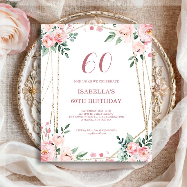 Blush Pink Floral 60th Budget Birthday Invitation (Creator Uploaded)