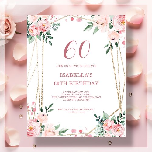 Blush Pink Floral 60th Budget Birthday Invitation