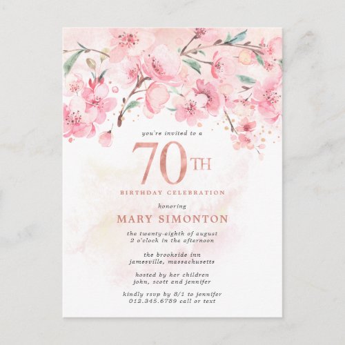 Blush Pink Floral 70th Birthday Invitation Postcar