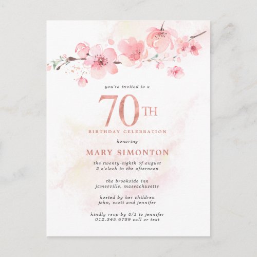 Blush Pink Floral 70th Birthday Invitation Postcard