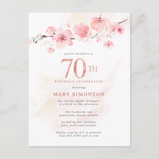 Blush Pink Floral 70th Birthday Invitation Postcard Zazzle