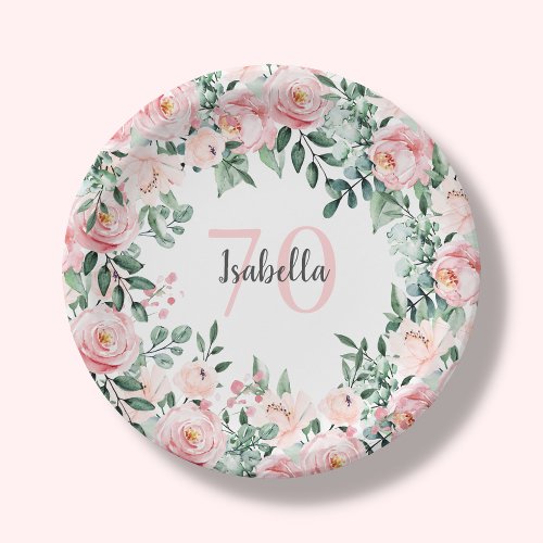 Blush Pink Floral  70th Birthday  Paper Plates