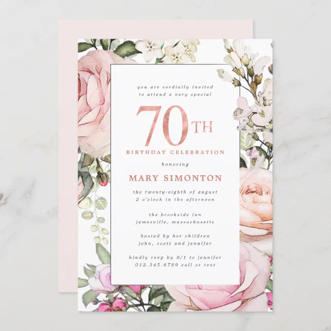 Blush Pink Floral 70th Birthday Party Invitation | Zazzle