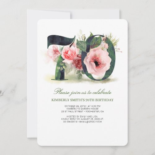 Blush Pink Floral 70th Birthday Party Invitation